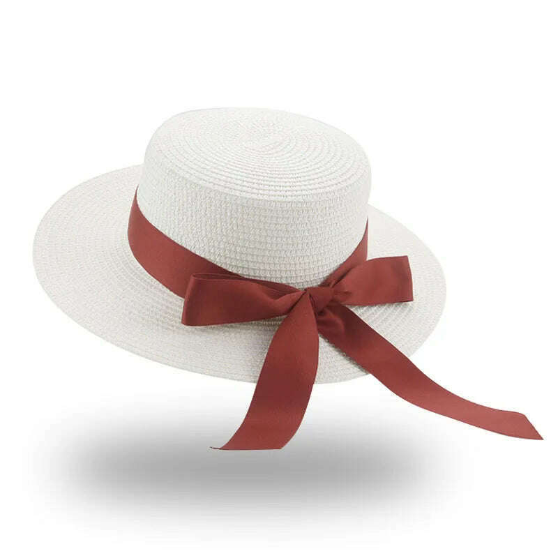 KIMLUD, Bucket Hat Beach Summer Straw Hats for Women Flat Top Ribbon Bowknot Elegant Luxury Straw Women Summer Hats Sombreros De Mujer, white red / 56-58cm(adults), KIMLUD Womens Clothes