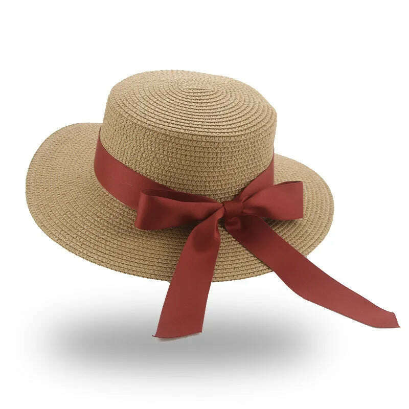 KIMLUD, Bucket Hat Beach Summer Straw Hats for Women Flat Top Ribbon Bowknot Elegant Luxury Straw Women Summer Hats Sombreros De Mujer, khaki red / 56-58cm(adults), KIMLUD Womens Clothes
