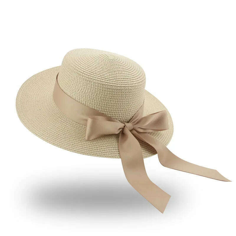 KIMLUD, Bucket Hat Beach Summer Straw Hats for Women Flat Top Ribbon Bowknot Elegant Luxury Straw Women Summer Hats Sombreros De Mujer, beige gold / 56-58cm(adults), KIMLUD Womens Clothes