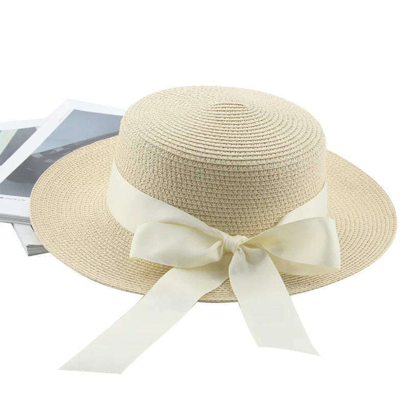 KIMLUD, Bucket Hat Beach Summer Straw Hats for Women Flat Top Ribbon Bowknot Elegant Luxury Straw Women Summer Hats Sombreros De Mujer, beige white / 56-58cm(adults), KIMLUD Womens Clothes