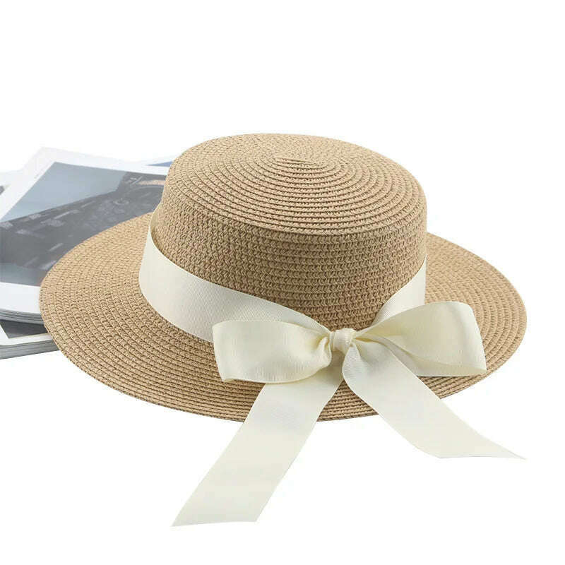 KIMLUD, Bucket Hat Beach Summer Straw Hats for Women Flat Top Ribbon Bowknot Elegant Luxury Straw Women Summer Hats Sombreros De Mujer, khaki white / 56-58cm(adults), KIMLUD Womens Clothes