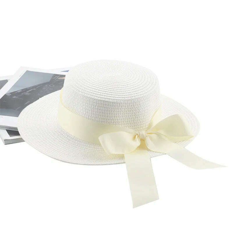 KIMLUD, Bucket Hat Beach Summer Straw Hats for Women Flat Top Ribbon Bowknot Elegant Luxury Straw Women Summer Hats Sombreros De Mujer, white white / 56-58cm(adults), KIMLUD Womens Clothes