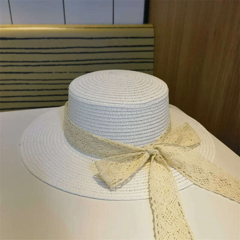 KIMLUD, Bucket Hat Beach Summer Straw Hats for Women Flat Top Ribbon Bowknot Elegant Luxury Straw Women Summer Hats Sombreros De Mujer, white bow / 56-58cm(adults), KIMLUD Womens Clothes
