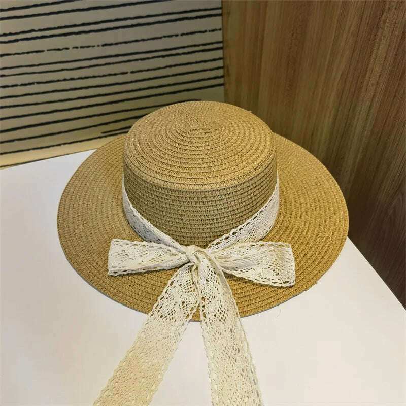 KIMLUD, Bucket Hat Beach Summer Straw Hats for Women Flat Top Ribbon Bowknot Elegant Luxury Straw Women Summer Hats Sombreros De Mujer, khaki bow / 56-58cm(adults), KIMLUD Womens Clothes