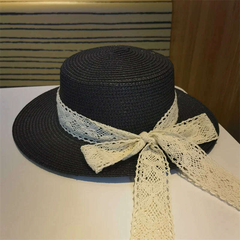 KIMLUD, Bucket Hat Beach Summer Straw Hats for Women Flat Top Ribbon Bowknot Elegant Luxury Straw Women Summer Hats Sombreros De Mujer, black bow / 56-58cm(adults), KIMLUD Womens Clothes