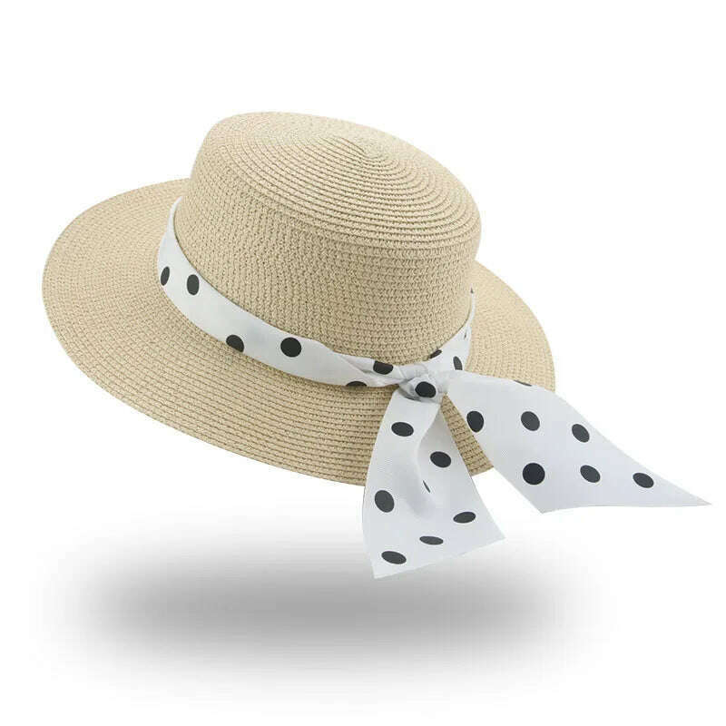 KIMLUD, Bucket Hat Beach Summer Straw Hats for Women Flat Top Ribbon Bowknot Elegant Luxury Straw Women Summer Hats Sombreros De Mujer, beige dot / 56-58cm(adults), KIMLUD Womens Clothes