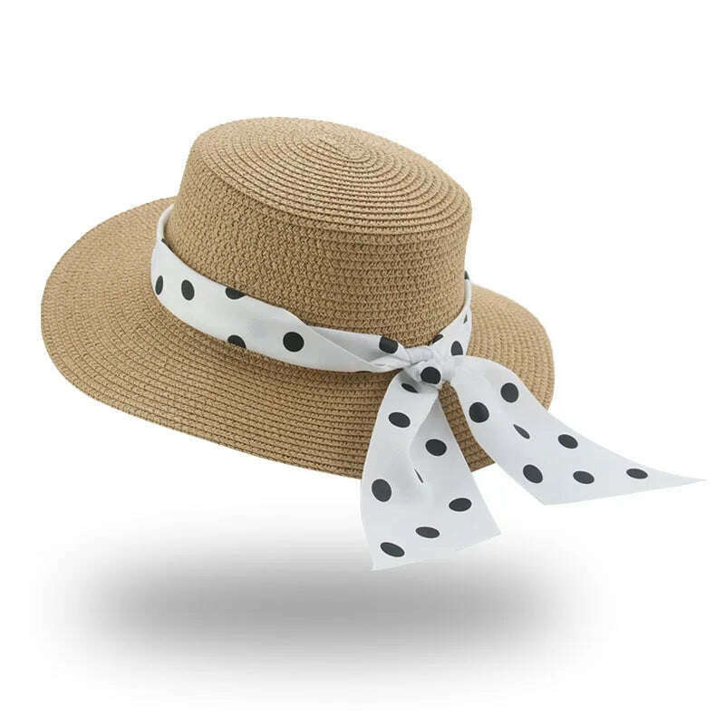 KIMLUD, Bucket Hat Beach Summer Straw Hats for Women Flat Top Ribbon Bowknot Elegant Luxury Straw Women Summer Hats Sombreros De Mujer, khaki dot / 56-58cm(adults), KIMLUD Womens Clothes