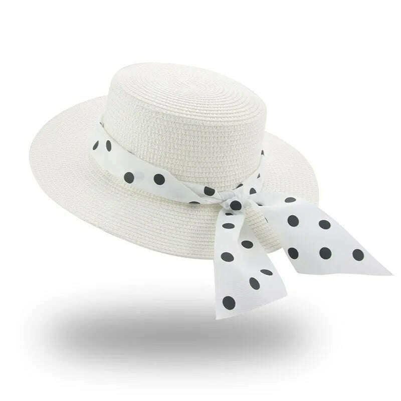 KIMLUD, Bucket Hat Beach Summer Straw Hats for Women Flat Top Ribbon Bowknot Elegant Luxury Straw Women Summer Hats Sombreros De Mujer, white dot / 56-58cm(adults), KIMLUD Womens Clothes