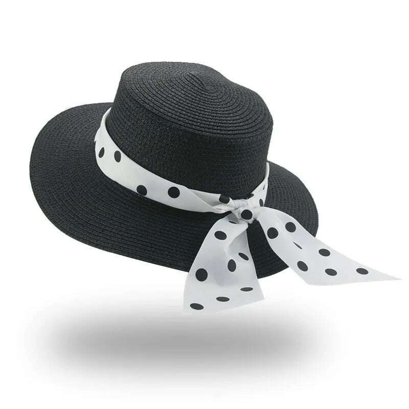 KIMLUD, Bucket Hat Beach Summer Straw Hats for Women Flat Top Ribbon Bowknot Elegant Luxury Straw Women Summer Hats Sombreros De Mujer, black dot / 56-58cm(adults), KIMLUD Womens Clothes