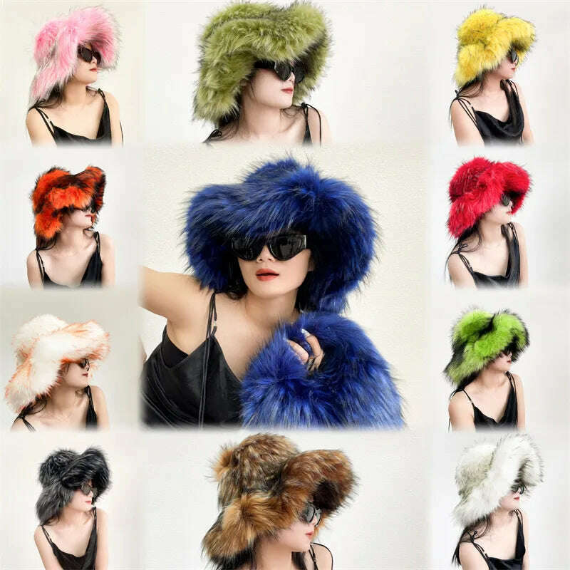 KIMLUD, Bucket Hat Warm and Imitation Fur Thickened with Autumn and Winter 버킷햇 Personality babes style Hats for women Bracer Plush, KIMLUD Womens Clothes