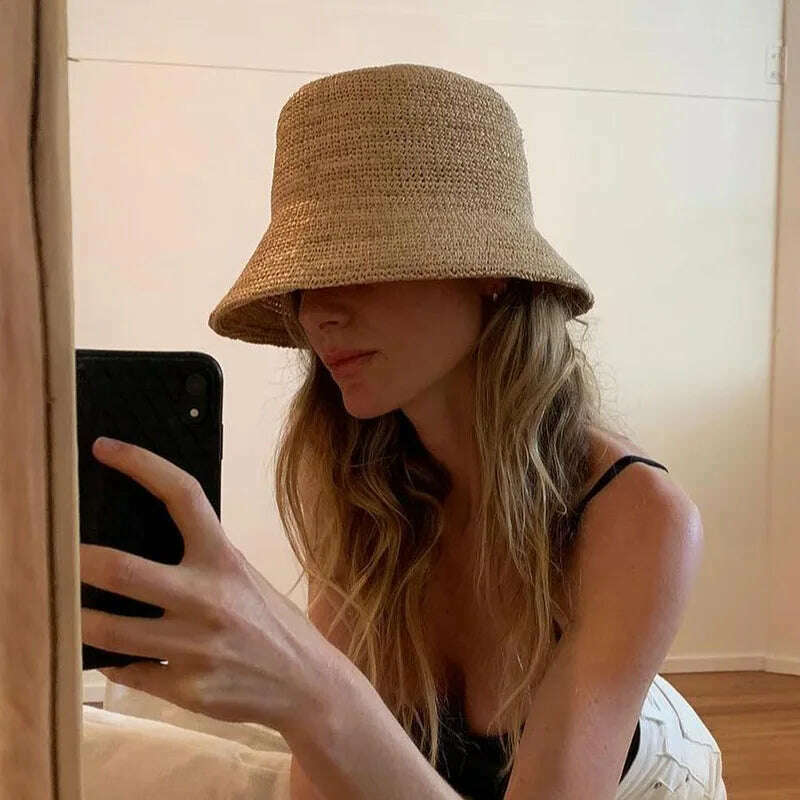 KIMLUD, Bucket Hats For Women Luxury Designer Brand Summer Straw Beach Hat Foldable Sun Hats Jacquemus Hat Wholesale, KIMLUD Womens Clothes