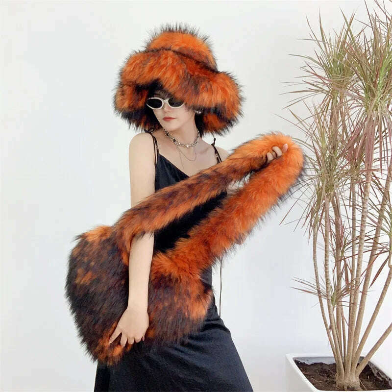KIMLUD, Bucket Orange Hat Love Bag Winter Warmth Thickened Imitation Raccoon Fur Fisherman Hat Women's Bucket Hat Fur Hat sets, KIMLUD Women's Clothes