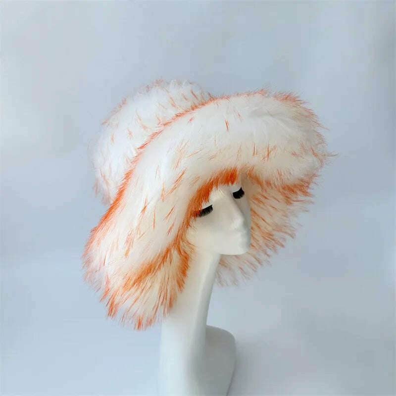 KIMLUD, Bucket Orange Hat Love Bag Winter Warmth Thickened Imitation Raccoon Fur Fisherman Hat Women's Bucket Hat Fur Hat sets, 20 / M55-58cm, KIMLUD Womens Clothes