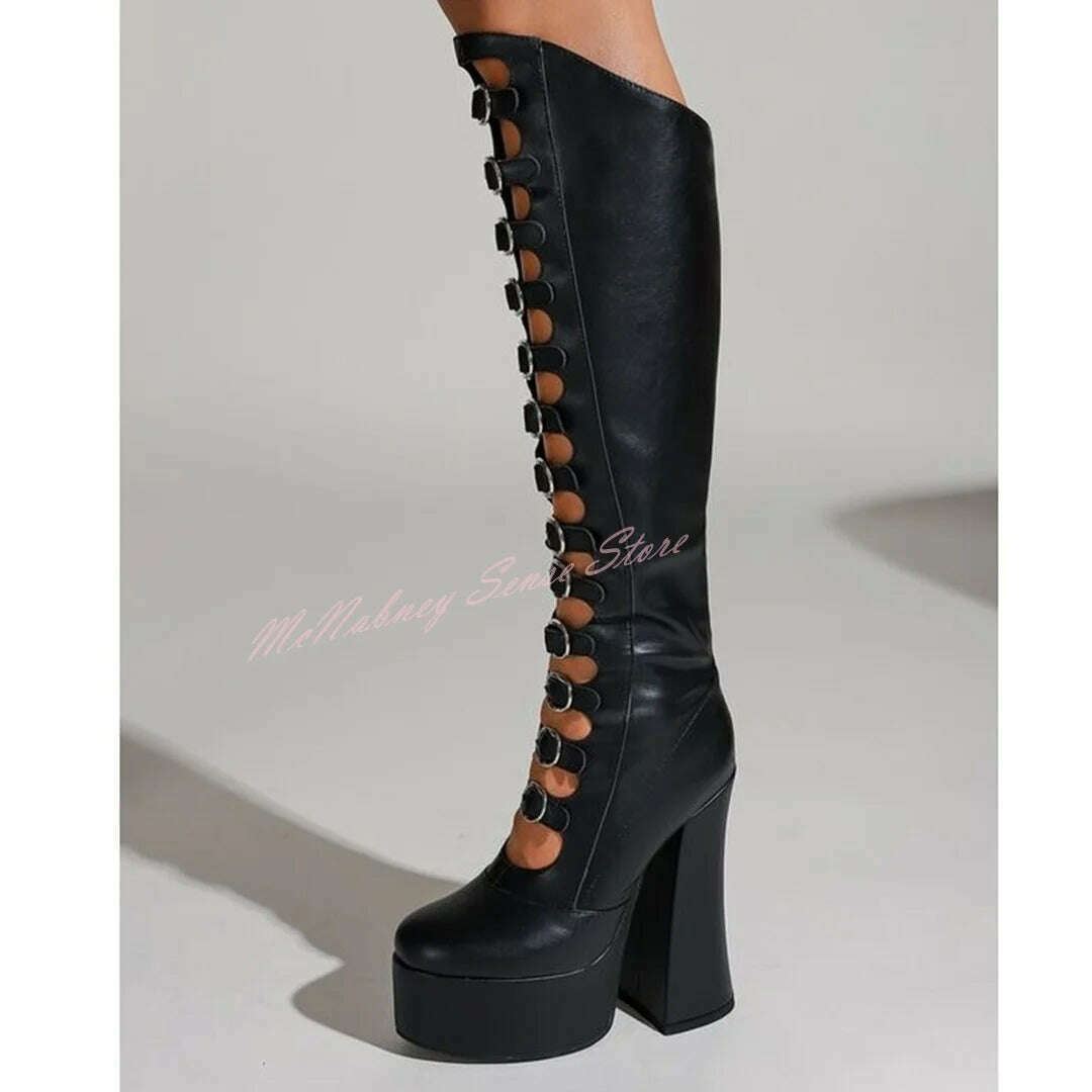 KIMLUD, Buckles Knee High Sandal Boots Round Toe High Platform Solid Side Zipper Boots Chunky High Heels New Style Women Sexy Shoes Plus, KIMLUD Womens Clothes