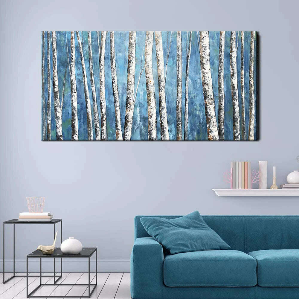 KIMLUD, Bule Oil Painting On Canvas Handmade Birch Forest Painting Thick Texture Painting Hand Painted For Home Bedroom Decor Unframed, KIMLUD Women's Clothes