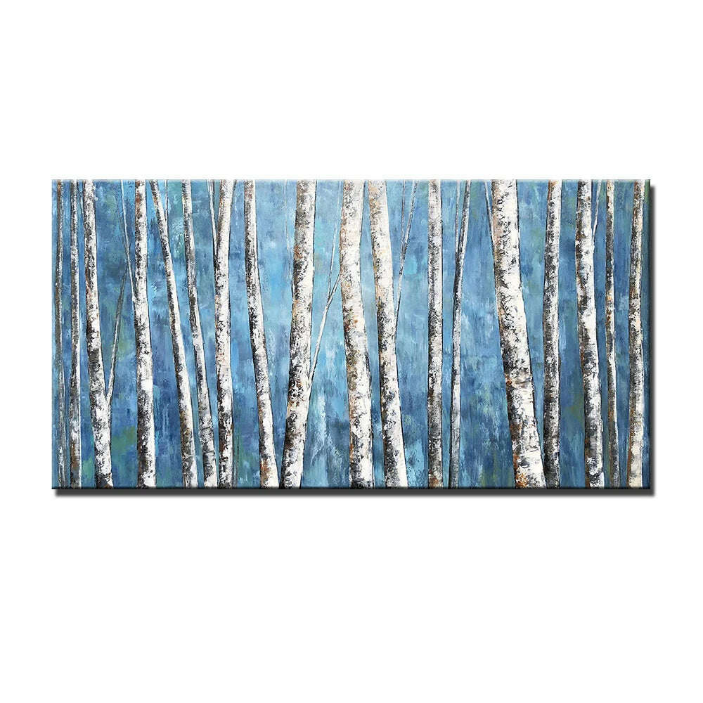 KIMLUD, Bule Oil Painting On Canvas Handmade Birch Forest Painting Thick Texture Painting Hand Painted For Home Bedroom Decor Unframed, KIMLUD Women's Clothes