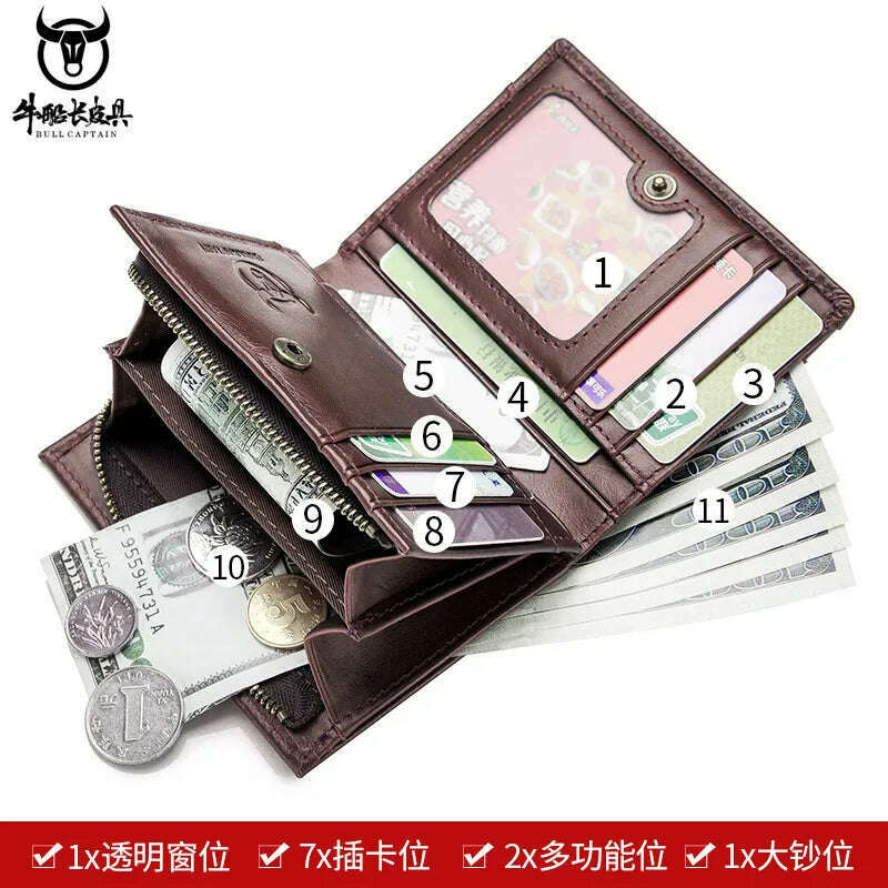 KIMLUD, BULLCAPTAIN Captain Niu Men's Leather Wallet Short Vertical Multifunctional Detachable Belt Coin Clip Business Casual Coin Bag, KIMLUD Womens Clothes