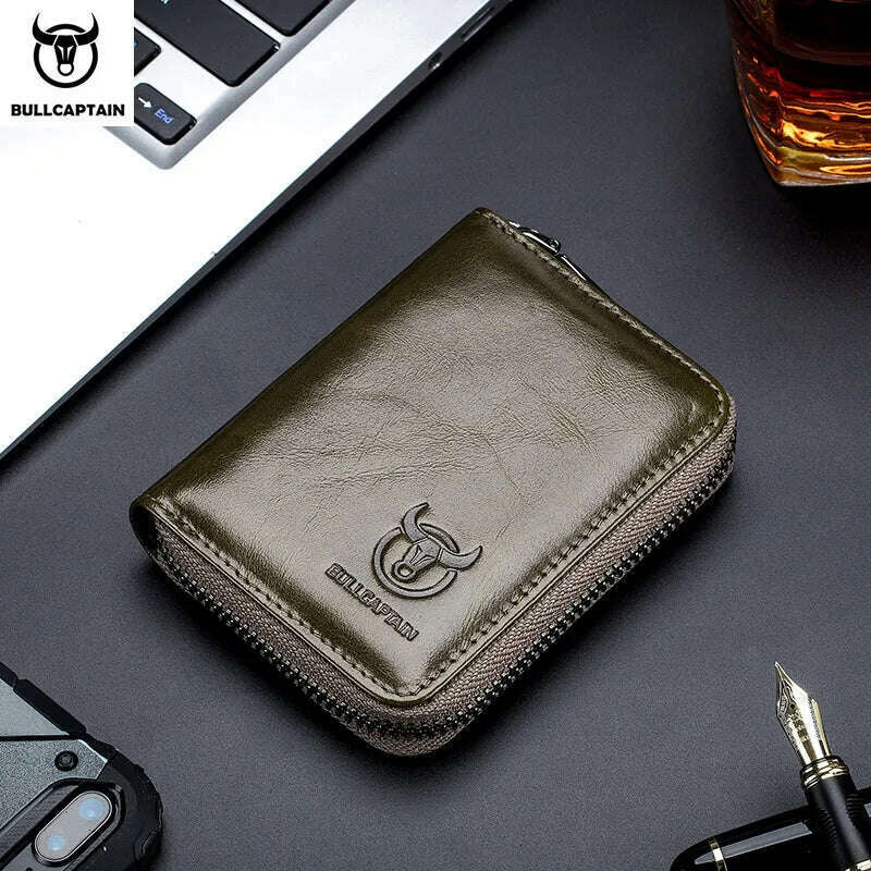 KIMLUD, BULLCAPTAIN Leather Credit Card ID Card Holder Wallet Wallet Men Fashion Rfid Card Holder Wallet Business Card Holder Bag, Green, KIMLUD Women's Clothes