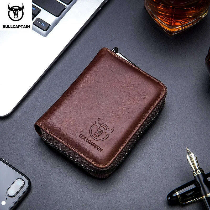 KIMLUD, BULLCAPTAIN Leather Credit Card ID Card Holder Wallet Wallet Men Fashion Rfid Card Holder Wallet Business Card Holder Bag, coffee, KIMLUD Women's Clothes