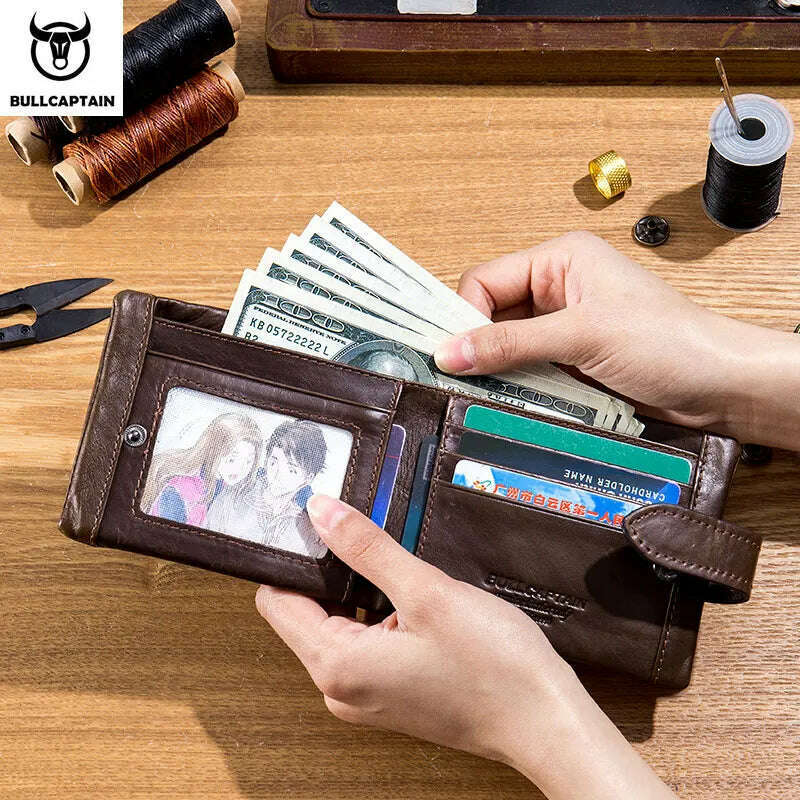 KIMLUD, BULLCAPTAIN Leather Wallet Men's RFID Card Holder Coin Purse Zipper Men's Short Wallet Fashion Men's Wallet Brown, KIMLUD Womens Clothes