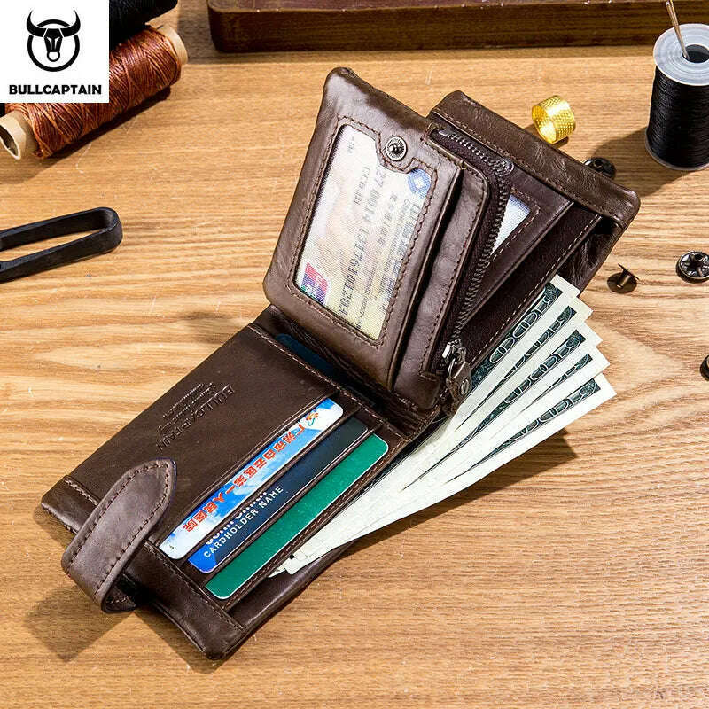 KIMLUD, BULLCAPTAIN Leather Wallet Men's RFID Card Holder Coin Purse Zipper Men's Short Wallet Fashion Men's Wallet Brown, KIMLUD Womens Clothes