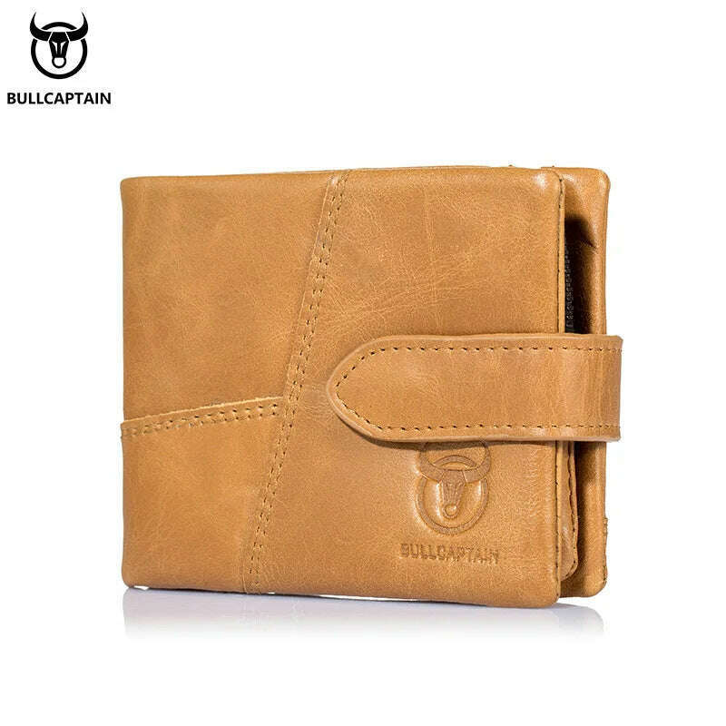 KIMLUD, BULLCAPTAIN Leather Wallet Men's RFID Card Holder Coin Purse Zipper Men's Short Wallet Fashion Men's Wallet Brown, yellow / CHINA, KIMLUD Womens Clothes