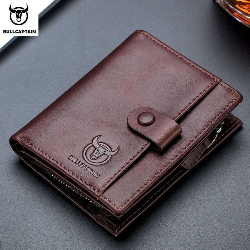 BULLCAPTAIN RFID Men's Wallet Leather Men's Coin Purse Zipper Wallet Card Coin Wallet Holder Credit Card Bag - KIMLUD
