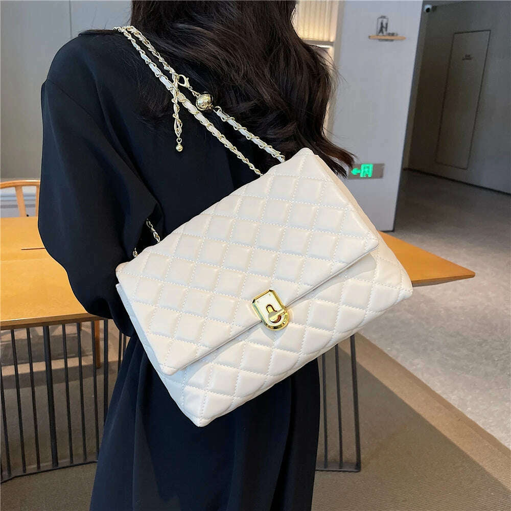 KIMLUD, Burminsa Quilted Large Chain Shoulder Bags For Women 2023 Luxury Designer Crossbody Bags PU Leather Ladies Handbags Black White, KIMLUD Womens Clothes