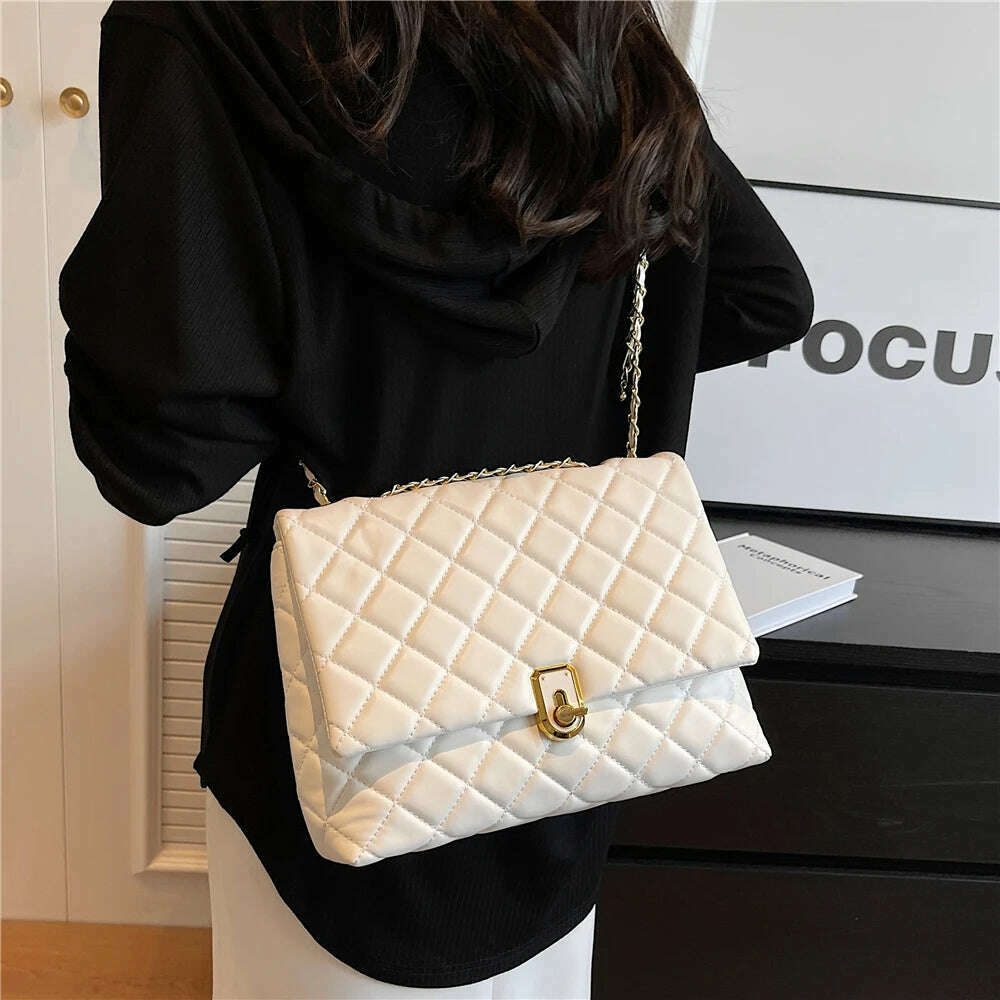 KIMLUD, Burminsa Quilted Large Chain Shoulder Bags For Women 2023 Luxury Designer Crossbody Bags PU Leather Ladies Handbags Black White, KIMLUD Womens Clothes