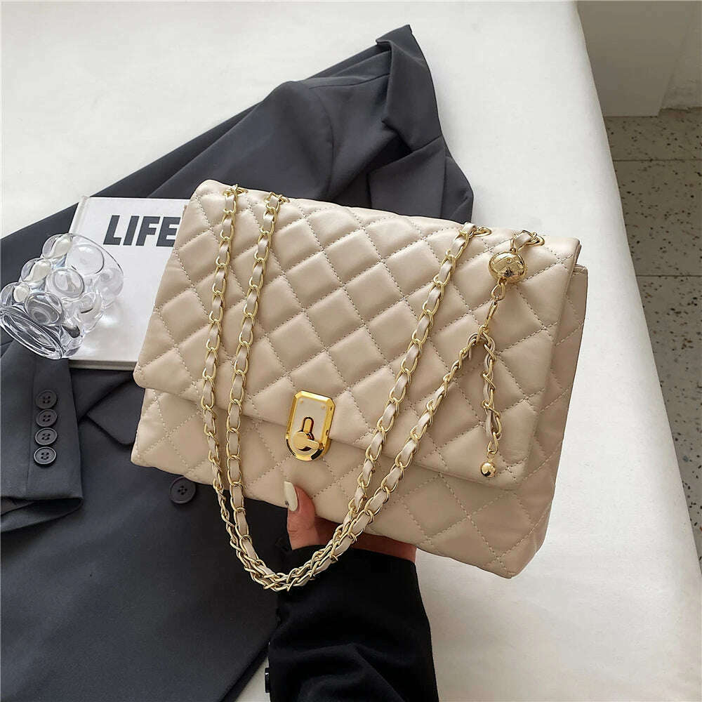 KIMLUD, Burminsa Quilted Large Chain Shoulder Bags For Women 2023 Luxury Designer Crossbody Bags PU Leather Ladies Handbags Black White, Beige, KIMLUD Womens Clothes