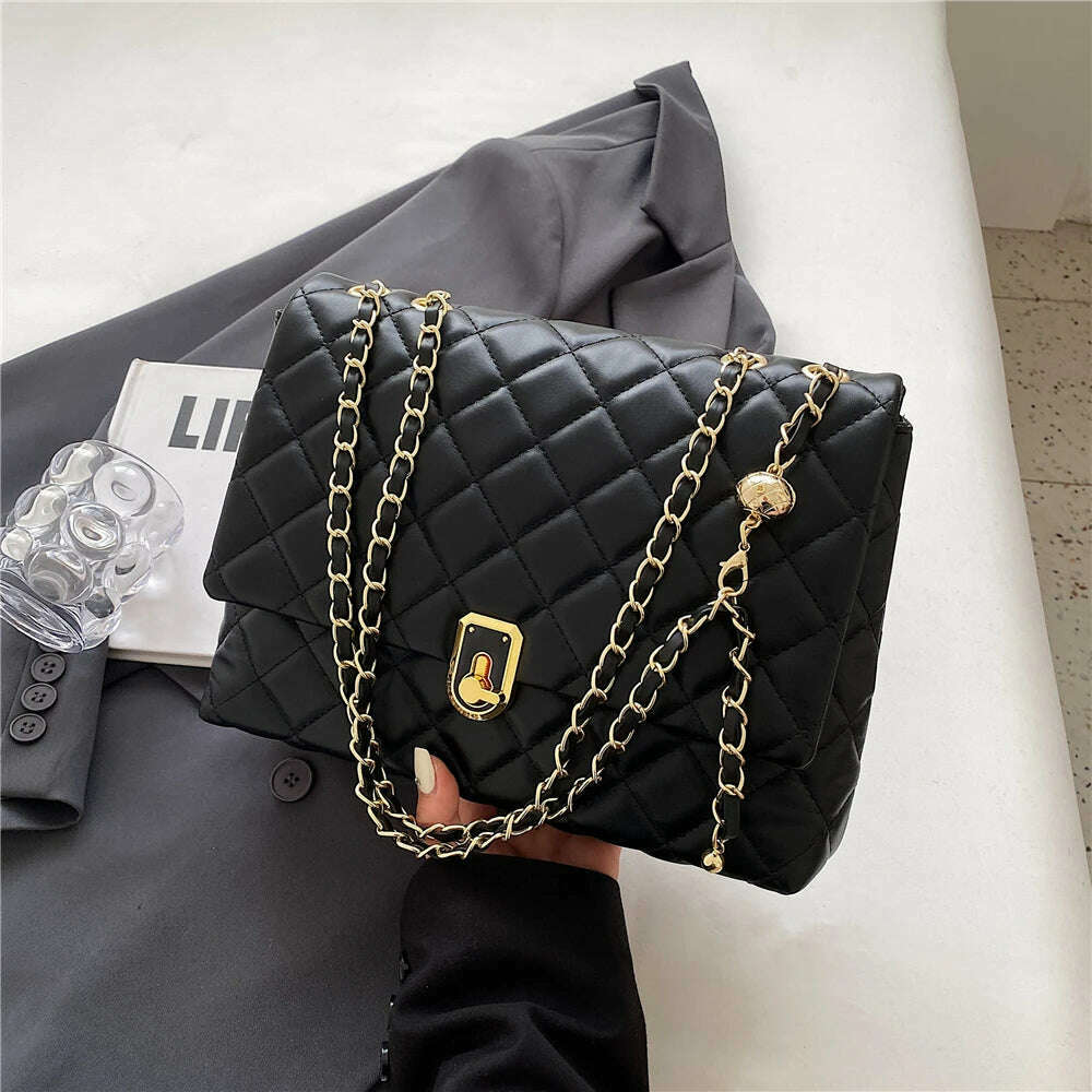 KIMLUD, Burminsa Quilted Large Chain Shoulder Bags For Women 2023 Luxury Designer Crossbody Bags PU Leather Ladies Handbags Black White, Black, KIMLUD Womens Clothes