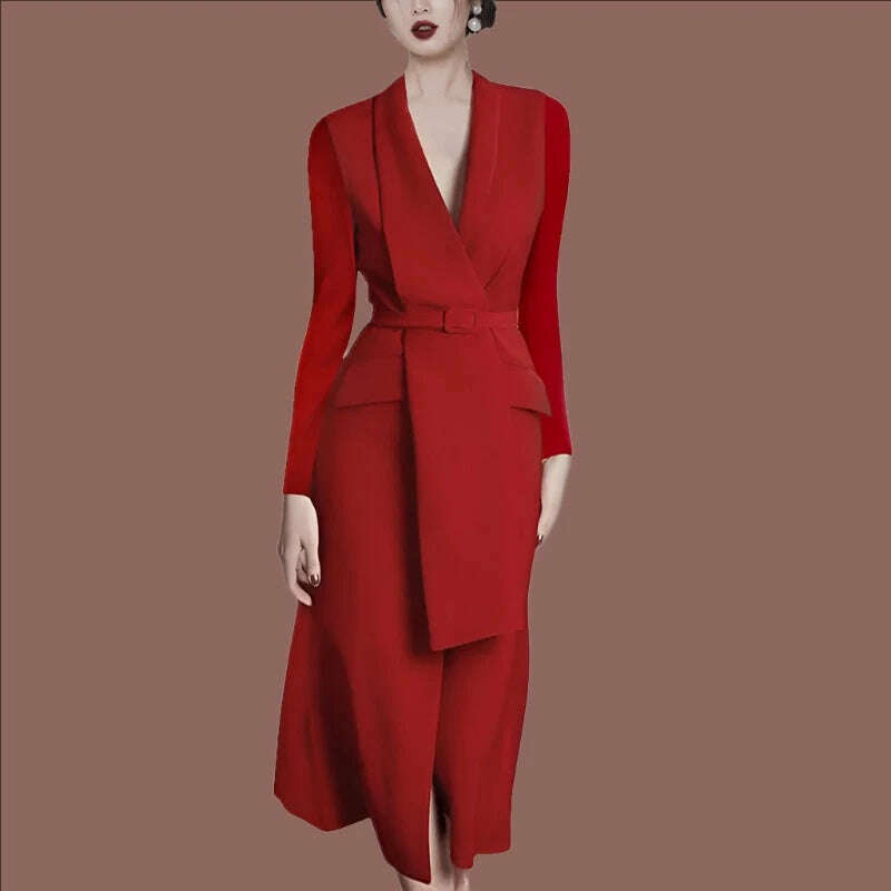 KIMLUD, Business Elegant Vestido Da Festa 2024 New Autumn And Winter Korean OL Belt Waist Notched Neck Slim Long Sleeve Red Dresses, KIMLUD Women's Clothes