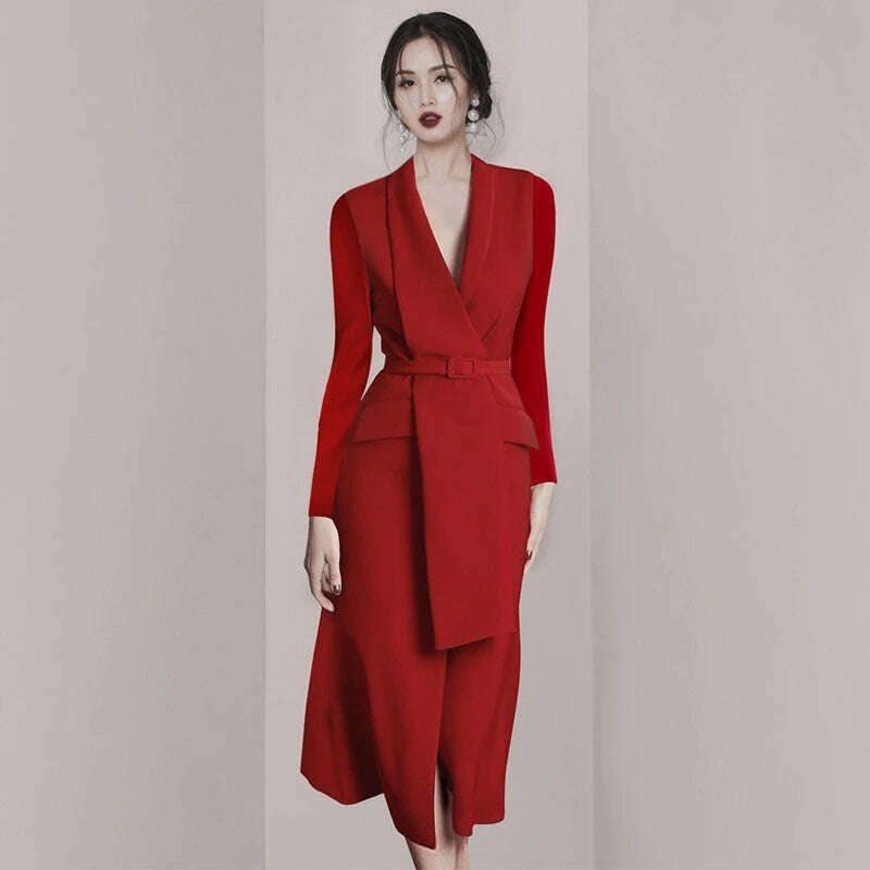 KIMLUD, Business Elegant Vestido Da Festa 2024 New Autumn And Winter Korean OL Belt Waist Notched Neck Slim Long Sleeve Red Dresses, KIMLUD Womens Clothes