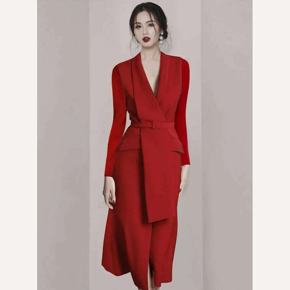 KIMLUD, Business Elegant Vestido Da Festa 2024 New Autumn And Winter Korean OL Belt Waist Notched Neck Slim Long Sleeve Red Dresses, Photo Color 2 / S, KIMLUD Women's Clothes