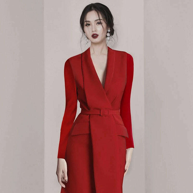 KIMLUD, Business Elegant Vestido Da Festa 2024 New Autumn And Winter Korean OL Belt Waist Notched Neck Slim Long Sleeve Red Dresses, KIMLUD Womens Clothes