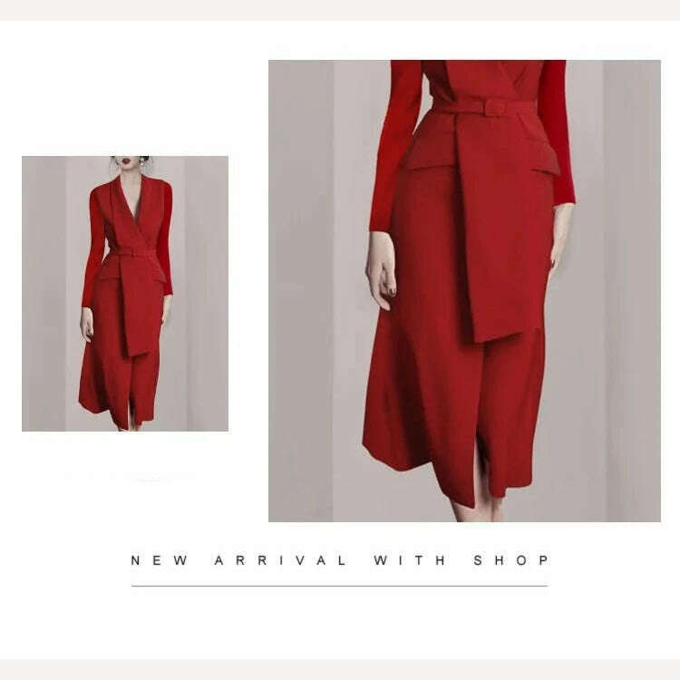 KIMLUD, Business Elegant Vestido Da Festa 2024 New Autumn And Winter Korean OL Belt Waist Notched Neck Slim Long Sleeve Red Dresses, KIMLUD Womens Clothes