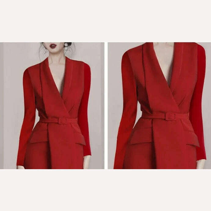 KIMLUD, Business Elegant Vestido Da Festa 2024 New Autumn And Winter Korean OL Belt Waist Notched Neck Slim Long Sleeve Red Dresses, KIMLUD Womens Clothes