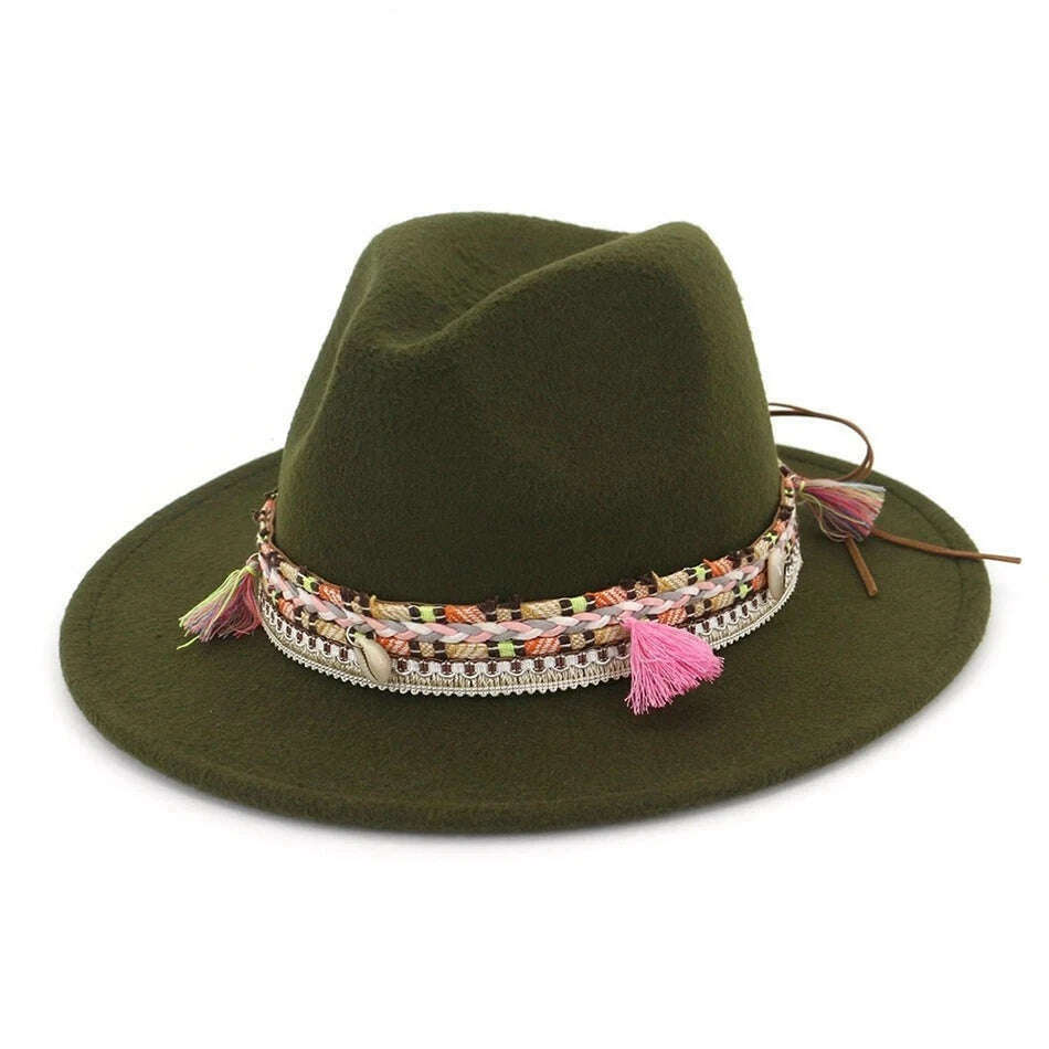 BUTTERMERE Womens Fedora Hat Wool Khaki Jazz Hats Female National Casual Large Brim Vintage Autumn Classic Felt Hat And Cap 2022 - KIMLUD