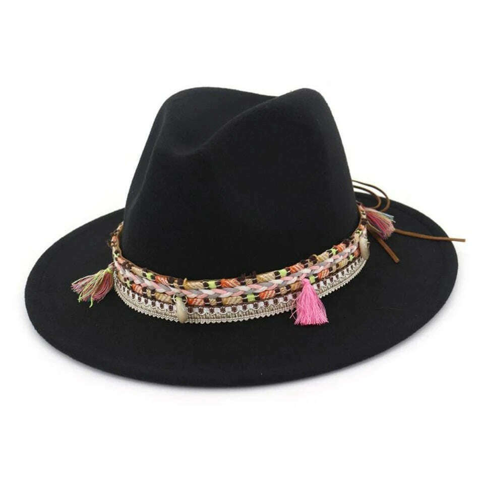 BUTTERMERE Womens Fedora Hat Wool Khaki Jazz Hats Female National Casual Large Brim Vintage Autumn Classic Felt Hat And Cap 2022 - KIMLUD