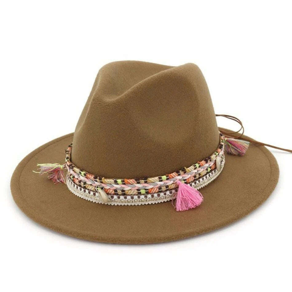 BUTTERMERE Womens Fedora Hat Wool Khaki Jazz Hats Female National Casual Large Brim Vintage Autumn Classic Felt Hat And Cap 2022 - KIMLUD