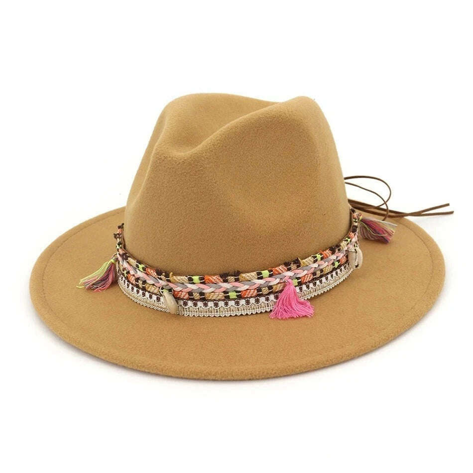 BUTTERMERE Womens Fedora Hat Wool Khaki Jazz Hats Female National Casual Large Brim Vintage Autumn Classic Felt Hat And Cap 2022 - KIMLUD
