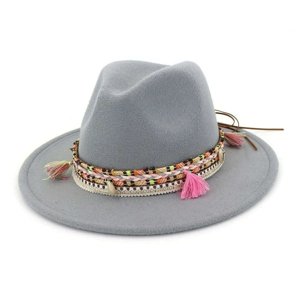 BUTTERMERE Womens Fedora Hat Wool Khaki Jazz Hats Female National Casual Large Brim Vintage Autumn Classic Felt Hat And Cap 2022 - KIMLUD