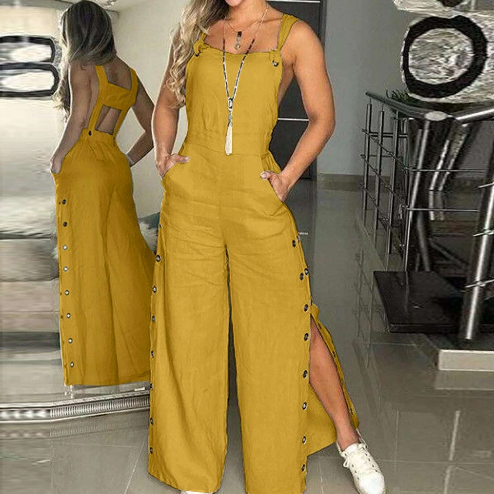 KIMLUD, Button Overalls for Women Summer Jumpsuit Solid Casual Openings Button Wide Leg Suspender Pants Overalls with Pockets, Yellow / S / China, KIMLUD Womens Clothes