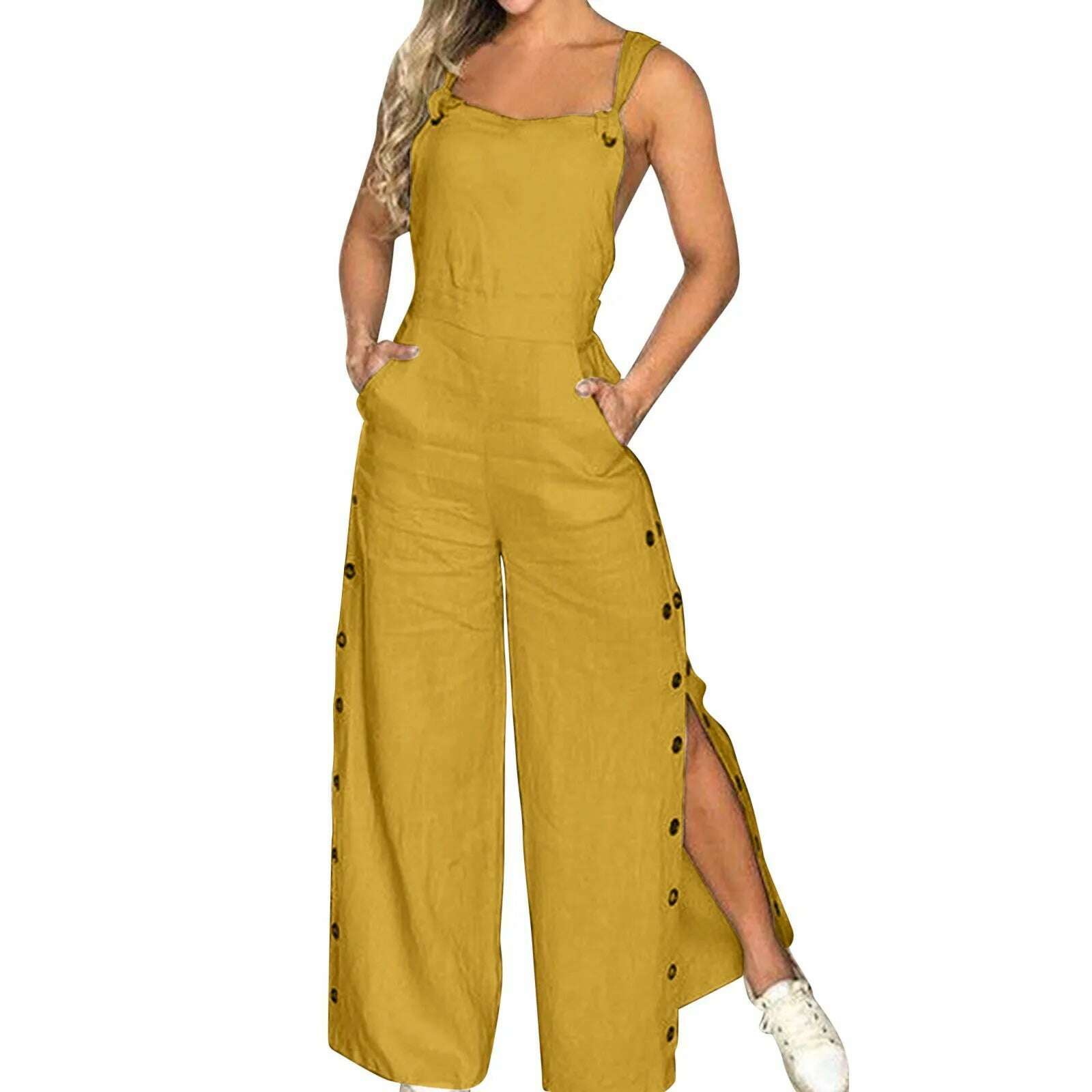 KIMLUD, Button Overalls for Women Summer Jumpsuit Solid Casual Openings Button Wide Leg Suspender Pants Overalls with Pockets, KIMLUD Womens Clothes