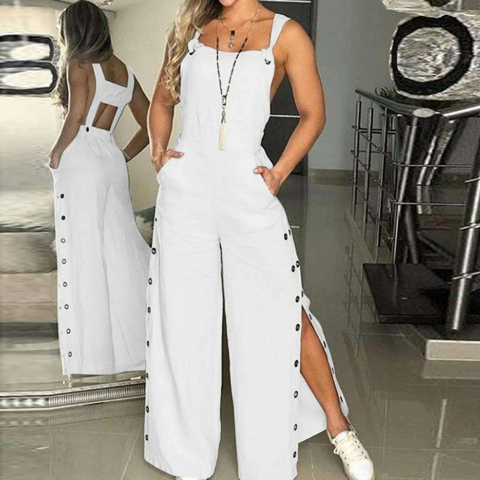 KIMLUD, Button Overalls for Women Summer Jumpsuit Solid Casual Openings Button Wide Leg Suspender Pants Overalls with Pockets, KIMLUD Womens Clothes