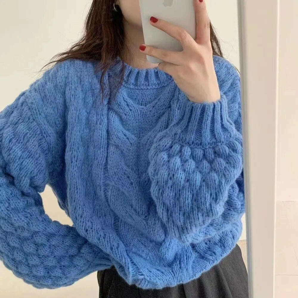 KIMLUD, C Women Lantern Long Sleeve Female Oversize Pullovers Chic Tops Elegant Twist Knitted Sweater Jumper, Blue / One Size, KIMLUD Womens Clothes