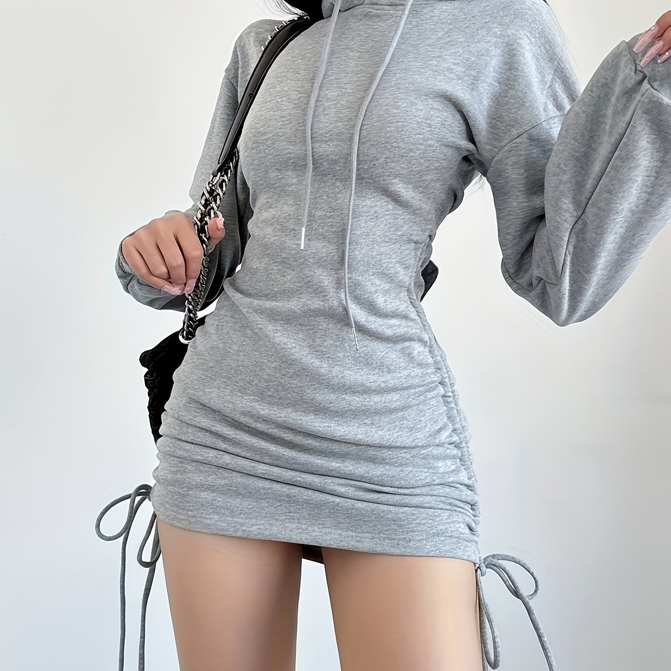 Women'S Casual Hooded Drawstring Bodycon Dress, 100% Polyester Knit Fabric, Solid Color, All-Season, Ruched Hip Wrap Mini Skirt, 280g/m² - Adult Fashion