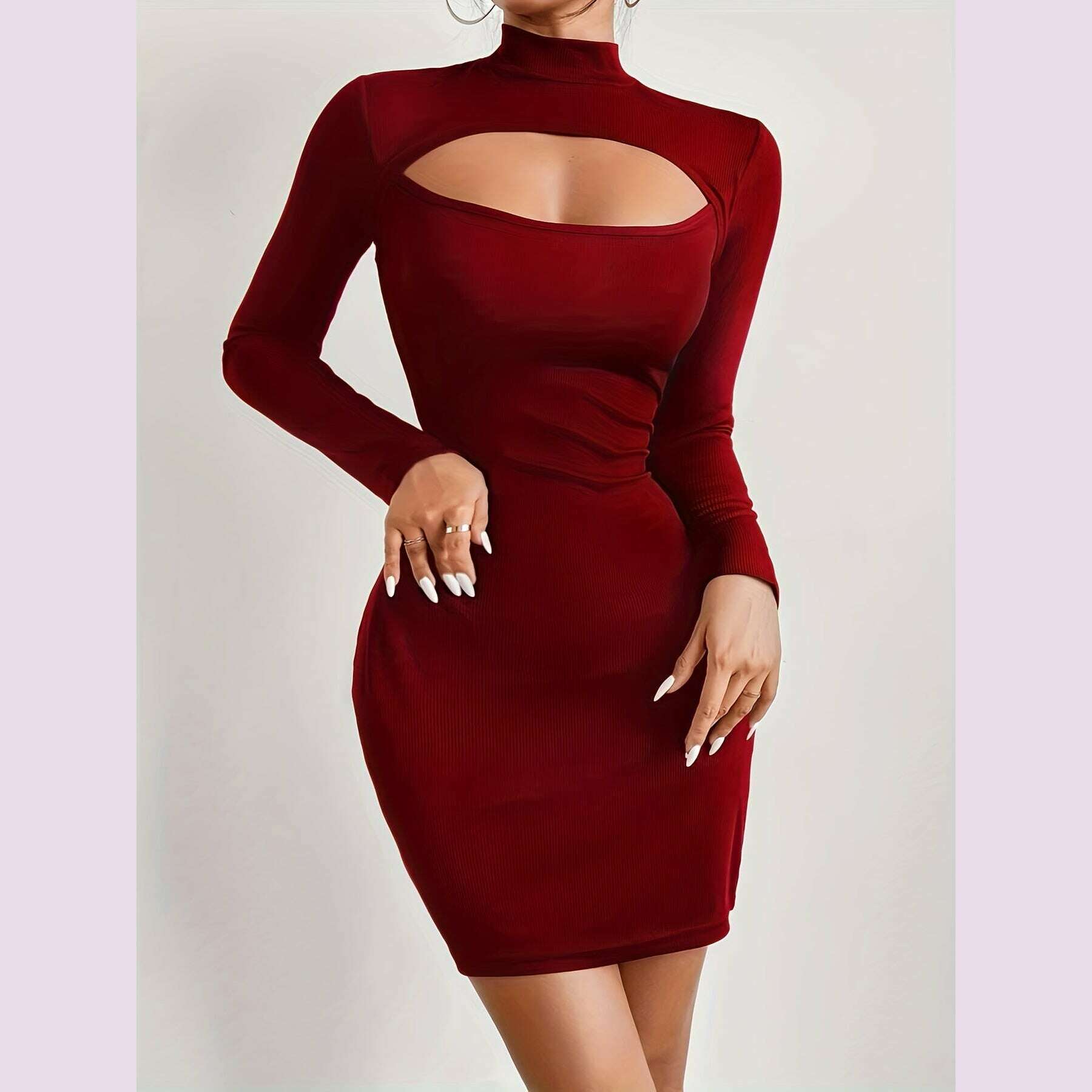 burgundy-bodycon-dress-stretchy-polyester-spandex-blend-womens-burgundy-high-neck-bodycon-dress-keyhole-cutouts-machine-washable-elegant-party-casual-dress-for-all-seasonskimlud-womens-fashion-34625928