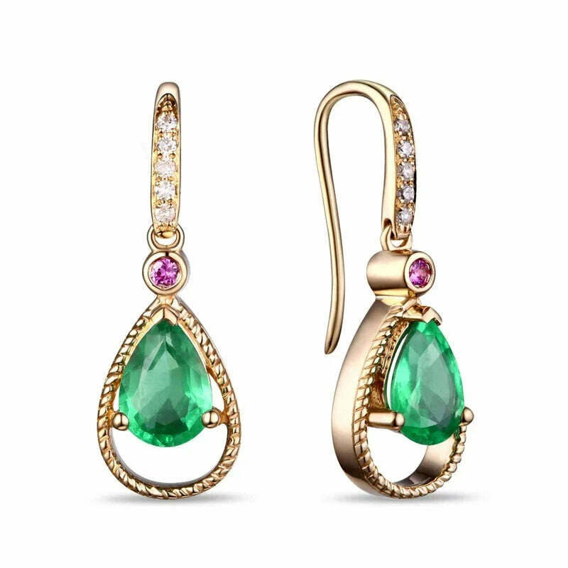 KIMLUD, Caimao Jewelry 14k Yellow Gold Natural Pear Cut 5x7mm Emerald & 0.08ct Diamonds Pink Sapphires Engagement Earrings, Emerald, KIMLUD Women's Clothes