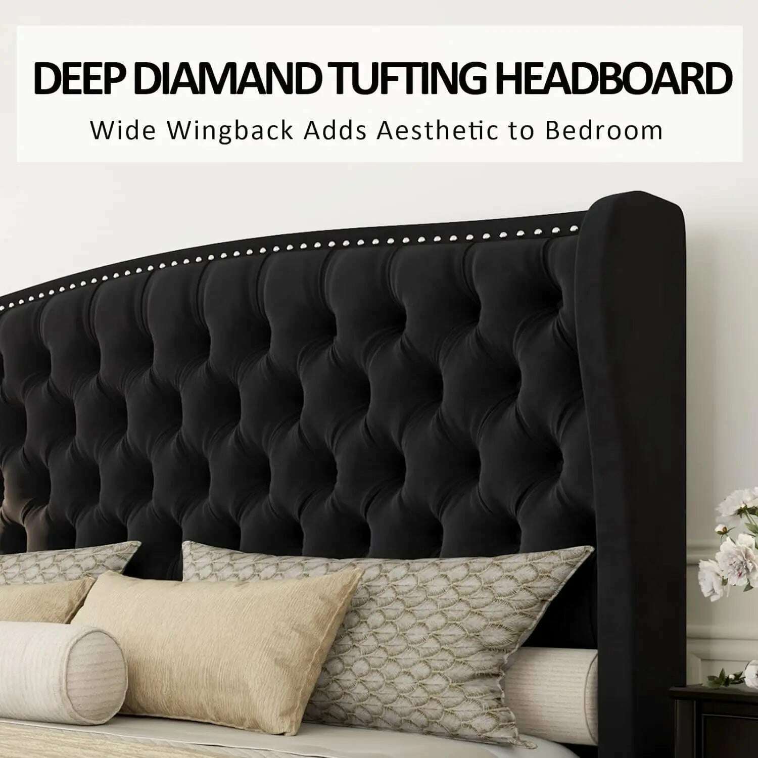 KIMLUD, California King Size Platform Bed Frame, Velvet Upholstered Bed with Deep Button Tufted & Nailhead Trim Wingback Headboard,Black, KIMLUD Womens Clothes